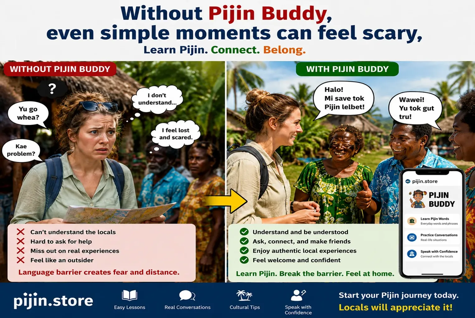 Without Pijin Buddy vs with Pijin Buddy — learn Pijin, connect, belong